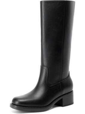 Women's Black Faux Leather Mid Calf Square Toe Chunky Heel Pull On Riding Boots